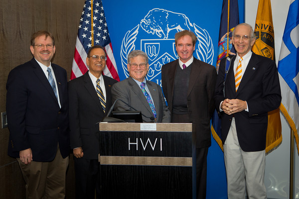 From Left, Alexander N. Cartwright, UB VP for Research and Economic Development; Satish K. Tripathi, UB President; Eaton E. Lattman, HWI Executive Director & CEO; Congressman Brian Higgins; Dr. Richard A. Aubrecht, Vice Chairman at HWI and VP for Strategy and Technology at Moog Inc. Photographer: Douglas Levere